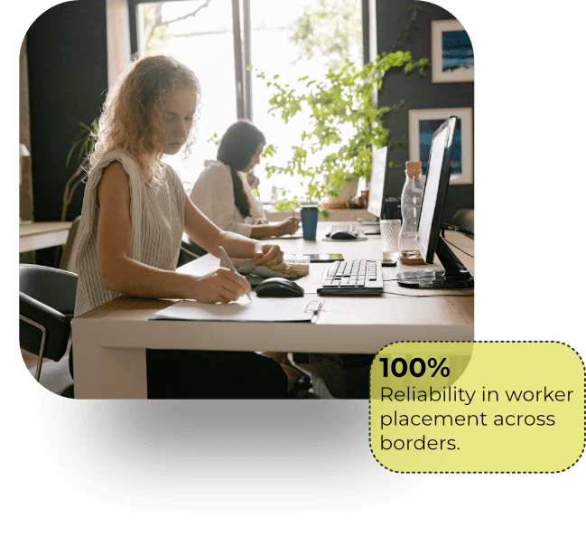 Specialists coordinating placements across borders, with a 100% reliability badge
